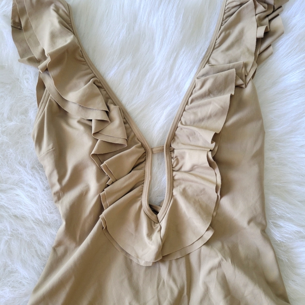 MICHAEL Michael Kors Khaki Ruffle Deep V One Piece Swimsuit 8 NWT - Picture 2 of 11